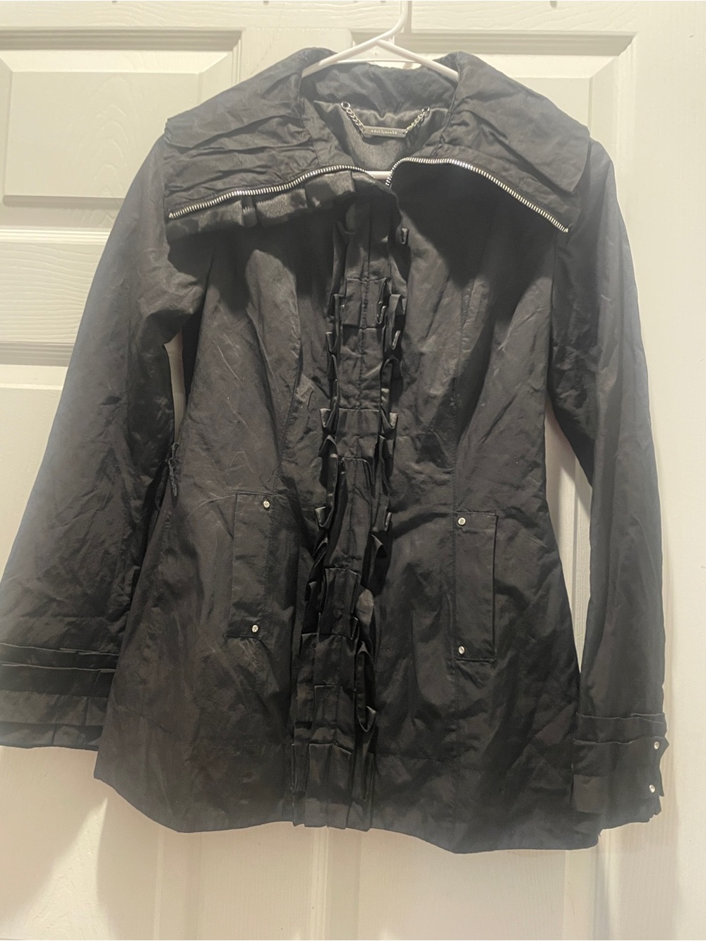 White House Black Market Black Ruffle-Front Trench Coat